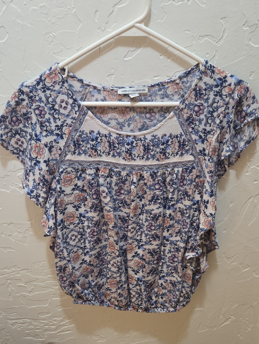 American Eagle Outfitters Cream Blouse with Blue & Peach Floral Print